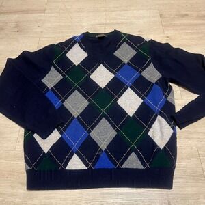 Brooks Brothers Scottish Lambswool Argyle V Neck Sweater Men's Large Blue Green‎